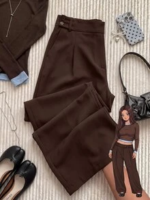 Comfortcana 大尺碼女款休閒柔軟修身棕色西裝長褲，適合外出與休閒通勤，教師節辦公室正式夏季穿搭 - 棕色 - 查看 7