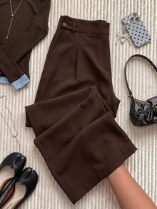 Comfortcana 大尺碼女款休閒柔軟修身棕色西裝長褲，適合外出與休閒通勤，教師節辦公室正式夏季穿搭 - 棕色 - 查看 8