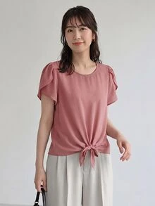 Yumoku 花瓣袖結飾下擺純色上衣，休閒款 - 藕粉色 - 查看 5