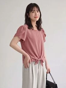 Yumoku 花瓣袖結飾下擺純色上衣，休閒款 - 藕粉色 - 查看 4