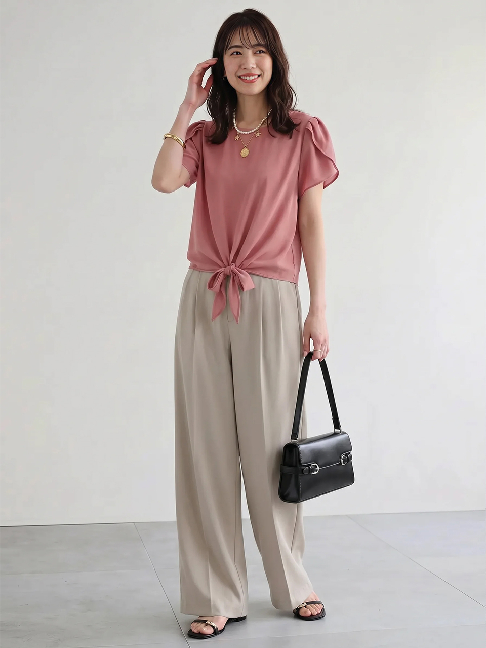 Petal Sleeve Knot Hem Solid Top,Casual