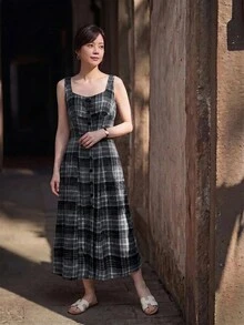 Yumoku 休閒女款夏季格紋收腰洋裝 - 彩色 - 查看 5
