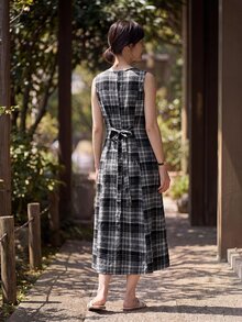 Yumoku 休閒女款夏季格紋收腰洋裝 - 彩色 - 查看 2