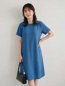 Yumoku 女士纯色圆领短袖休闲连衣裙 - 霧霾藍 - 查看 7