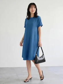 Yumoku 女士纯色圆领短袖休闲连衣裙 - 霧霾藍 - 查看 5