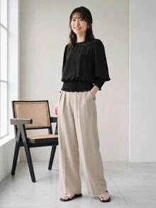 Yumoku 1件女款休閒純色前口袋七分袖上衣，基礎款秋冬日常休閒 - 黑色 - 查看 5