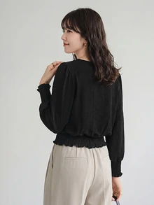 Yumoku 1件女款休閒純色前口袋七分袖上衣，基礎款秋冬日常休閒 - 黑色 - 查看 7