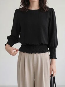 Yumoku 1件女款休閒純色前口袋七分袖上衣，基礎款秋冬日常休閒 - 黑色 - 查看 4