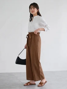 Yumoku 女款休閒純色直筒寬腿褲附腰帶，休閒風 - 棕色 - 查看 2
