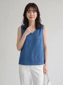 Yumoku Women's Simple Solid Sleeveless Shirt, Casual Vacation Wear,Casual - Blue - View 5
