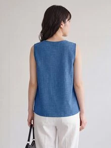 Yumoku Women's Simple Solid Sleeveless Shirt, Casual Vacation Wear,Casual - Blue - View 2