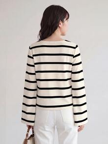 Yumoku Casual Vacation Style Black Striped Placement Print Top, Lace-Up Flare Sleeve, Suitable For Spring/Summer, Matching, Beach Versatile Spring - Multicolor - View 2