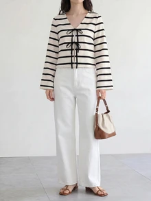 Yumoku Casual Vacation Style Black Striped Placement Print Top, Lace-Up Flare Sleeve, Suitable For Spring/Summer, Matching, Beach Versatile Spring - Multicolor - View 3