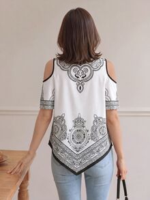 Yumoku Women Blouses Asimetris Memotong Kesukuan Boho - Hitam dan Putih - View 6