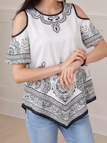 Yumoku Women Blouses Asimetris Memotong Kesukuan Boho - Hitam dan Putih - View 5