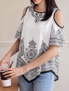 Yumoku Women Blouses Asimetris Memotong Kesukuan Boho - Hitam dan Putih - View 1