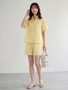Yumoku 2件組女款亞麻條紋襯衫短褲套裝，休閒夏季度假穿著 - 黃色 - 查看 4