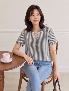 Yumoku Áo sơ mi nữ mùa hè phong cách thường ngày kẻ sọc đen trắng, cổ khía, trang trí cúc, phù hợp du lịch - màu đen - Xem 3