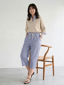 Yumoku 女款休閒條紋七分褲，極簡時尚休閒日常夏季穿搭，鄉村波希米亞風，休閒 - 藍白色 - 查看 2