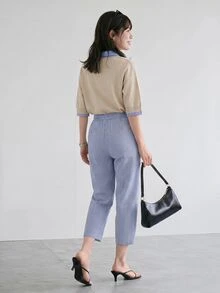 Yumoku 女款休閒條紋七分褲，極簡時尚休閒日常夏季穿搭，鄉村波希米亞風，休閒 - 藍白色 - 查看 4