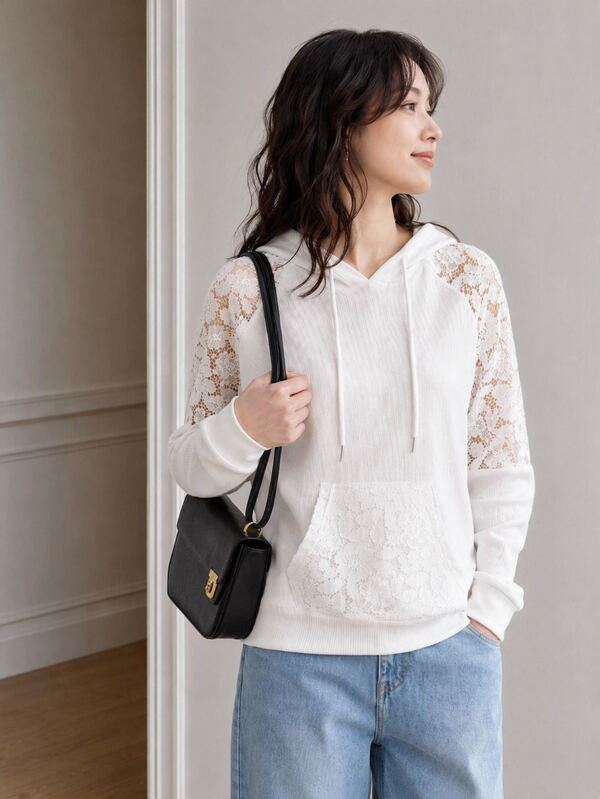 Yumoku Women's Autumn & Winter Lace Spliced Crisscross Ribbed Casual Hoodie,Long Sleeve Tops,Casual
