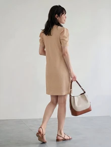 Yumoku Solid Ruffle Trim Puff Sleeve Tunic Dress,Casual - Khaki - View 6