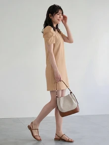 Yumoku Solid Ruffle Trim Puff Sleeve Tunic Dress,Casual - Khaki - View 2