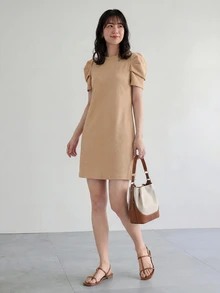Yumoku Solid Ruffle Trim Puff Sleeve Tunic Dress,Casual - Khaki - View 4