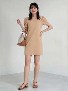 Yumoku Solid Ruffle Trim Puff Sleeve Tunic Dress,Casual - Khaki - View 5