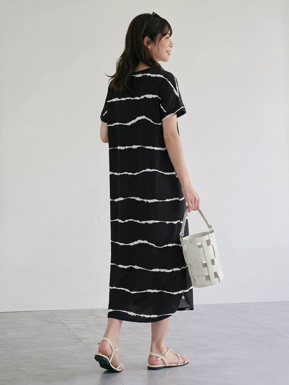 Striped Batwing Sleeve Curved Hem Dress,Casual