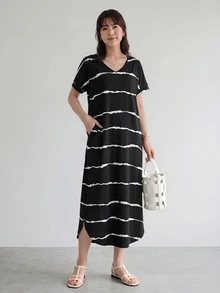 Yumoku 條紋圖案蝙蝠袖弧形下擺連衣裙 - 黑色 - 查看 4