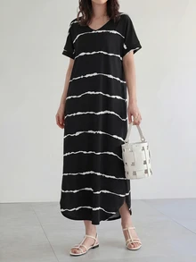 Yumoku 條紋圖案蝙蝠袖弧形下擺連衣裙 - 黑色 - 查看 5