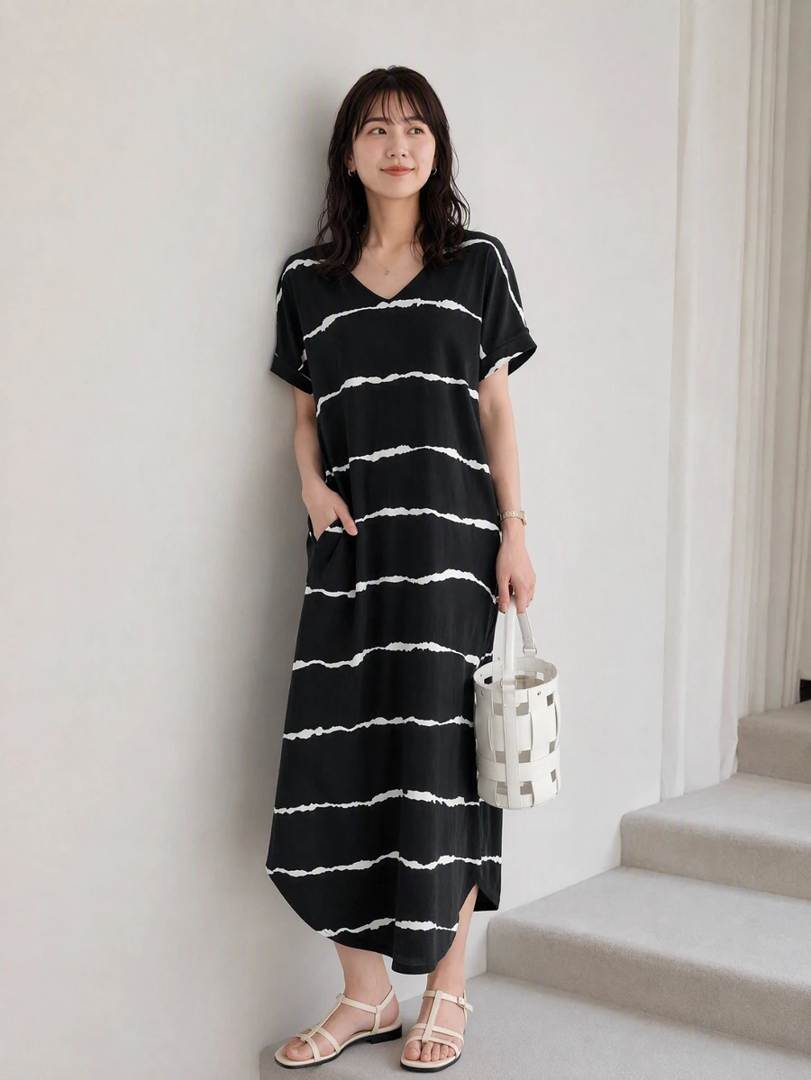Yumoku 條紋圖案蝙蝠袖弧形下擺連衣裙
