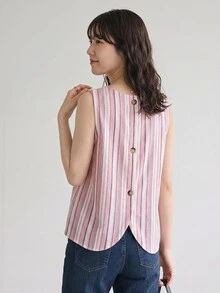 Yumoku 女士休闲条纹纽扣无袖衬衫 夏季女装 夏季上衣 春季女装 外出上衣 度假女装 夏季假期 粉色邮轮女装 背心 度假装 - 彩色 - 查看 7