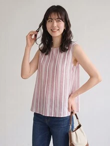 Yumoku 女士休闲条纹纽扣无袖衬衫 夏季女装 夏季上衣 春季女装 外出上衣 度假女装 夏季假期 粉色邮轮女装 背心 度假装 - 彩色 - 查看 5