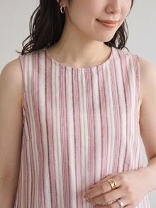 Yumoku 女士休闲条纹纽扣无袖衬衫 夏季女装 夏季上衣 春季女装 外出上衣 度假女装 夏季假期 粉色邮轮女装 背心 度假装 - 彩色 - 查看 6