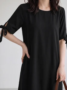 Yumoku 純色圓領休閒中長蝴蝶結洋裝 春季穿搭 女款黑色夏季度假休閒洋裝 - 黑色 - 查看 3