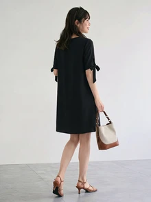 Yumoku 純色圓領休閒中長蝴蝶結洋裝 春季穿搭 女款黑色夏季度假休閒洋裝 - 黑色 - 查看 6