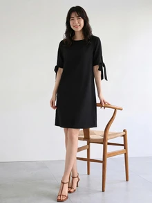 Yumoku 純色圓領休閒中長蝴蝶結洋裝 春季穿搭 女款黑色夏季度假休閒洋裝 - 黑色 - 查看 2