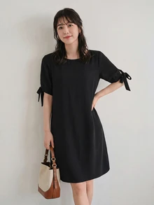 Yumoku 純色圓領休閒中長蝴蝶結洋裝 春季穿搭 女款黑色夏季度假休閒洋裝 - 黑色 - 查看 5