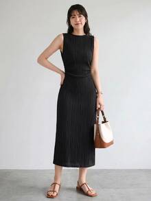 Yumoku 休閒優雅女款杏色針織紋理貼身長洋裝，黑色百褶夏季陽光裙，適合晚餐、日常、派對穿著 - 黑色 - 查看 2