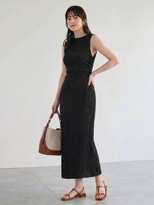 Yumoku 休閒優雅女款杏色針織紋理貼身長洋裝，黑色百褶夏季陽光裙，適合晚餐、日常、派對穿著 - 黑色 - 查看 4