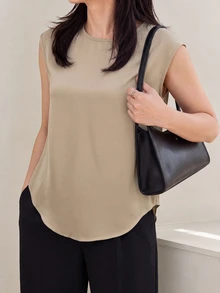 Yumoku 女款蕾絲拼接圓領休閒杏色襯衫，夏季優雅上班襯衫，女款露背上衣，淺棕色優雅蕾絲露背襯衫 - 卡其色 - 查看 4