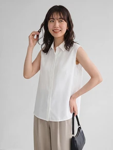 Yumoku Women's Solid Color Single-Breasted Casual Sleeveless Woven Shirt,Casual - White - View 5