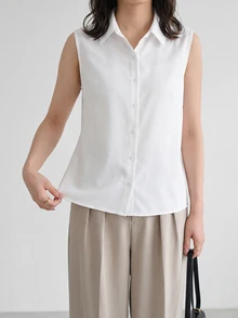 Yumoku Women's Solid Color Single-Breasted Casual Sleeveless Woven Shirt,Casual - White - View 4