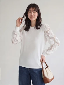 Yumoku 女款白色圓領蕾絲拼接休閒襯衫 - 白色 - 查看 8