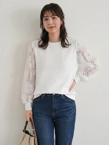 Yumoku 女款白色圓領蕾絲拼接休閒襯衫 - 白色 - 查看 6