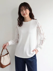 Yumoku 女款白色圓領蕾絲拼接休閒襯衫 - 白色 - 查看 3