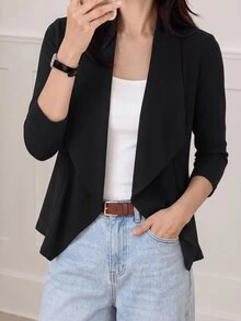 Yumoku Solid Open Front Blazer In Fall/Winter,Casual - Black - View 4