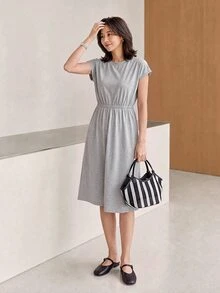 Yumoku Solid Dolman Sleeve Dress Casual Women Dresses - Light Grey - View 6